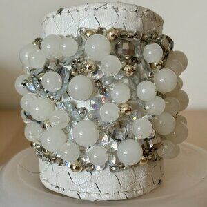 Delicate Upcycled Hand Made Beaded White Leather Cuff